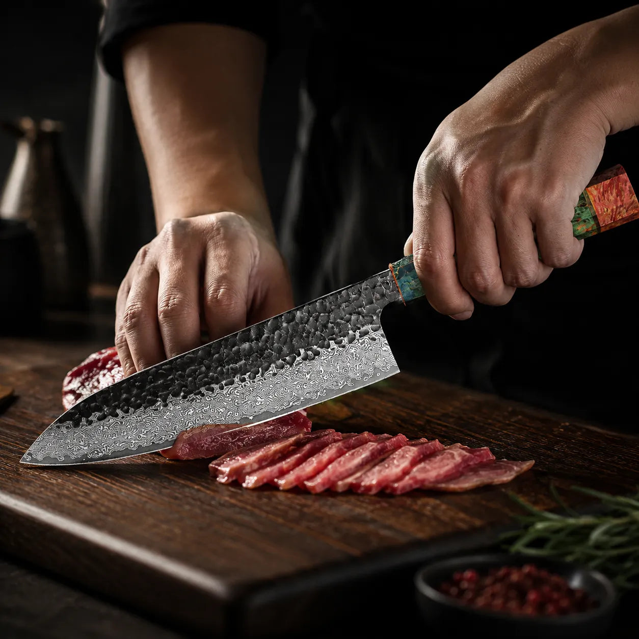 Person slicing meat with a chef's knife on a wooden cutting board.