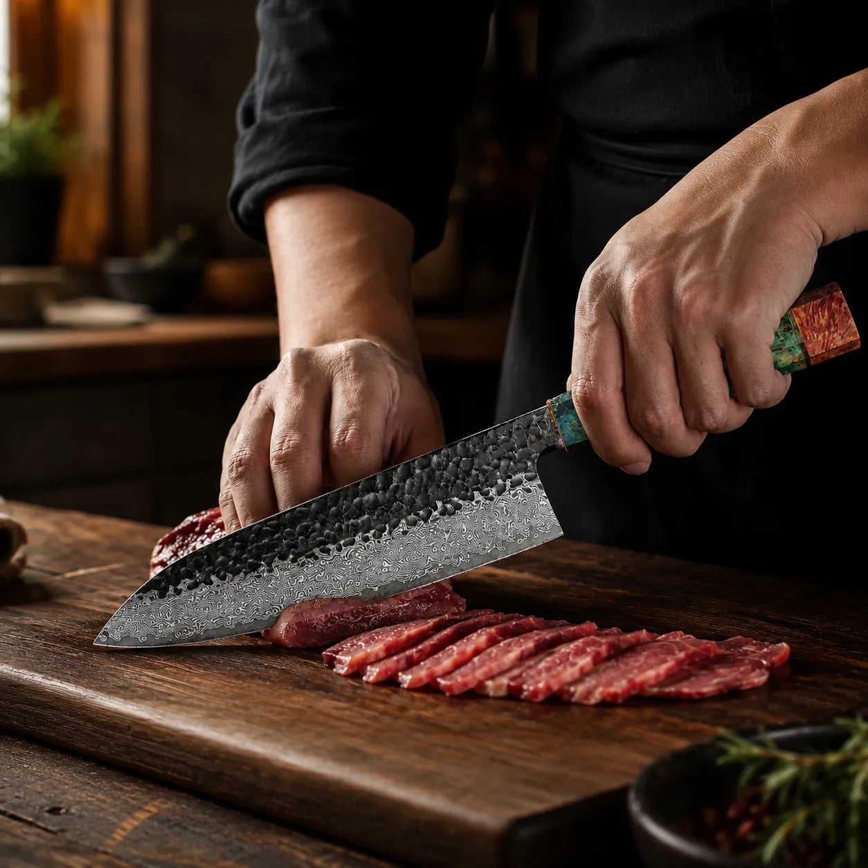 Person cutting meat with a large knife on a wooden cutting board