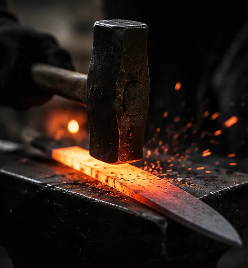Blacksmith forging a blade with sparks flying on an anvil