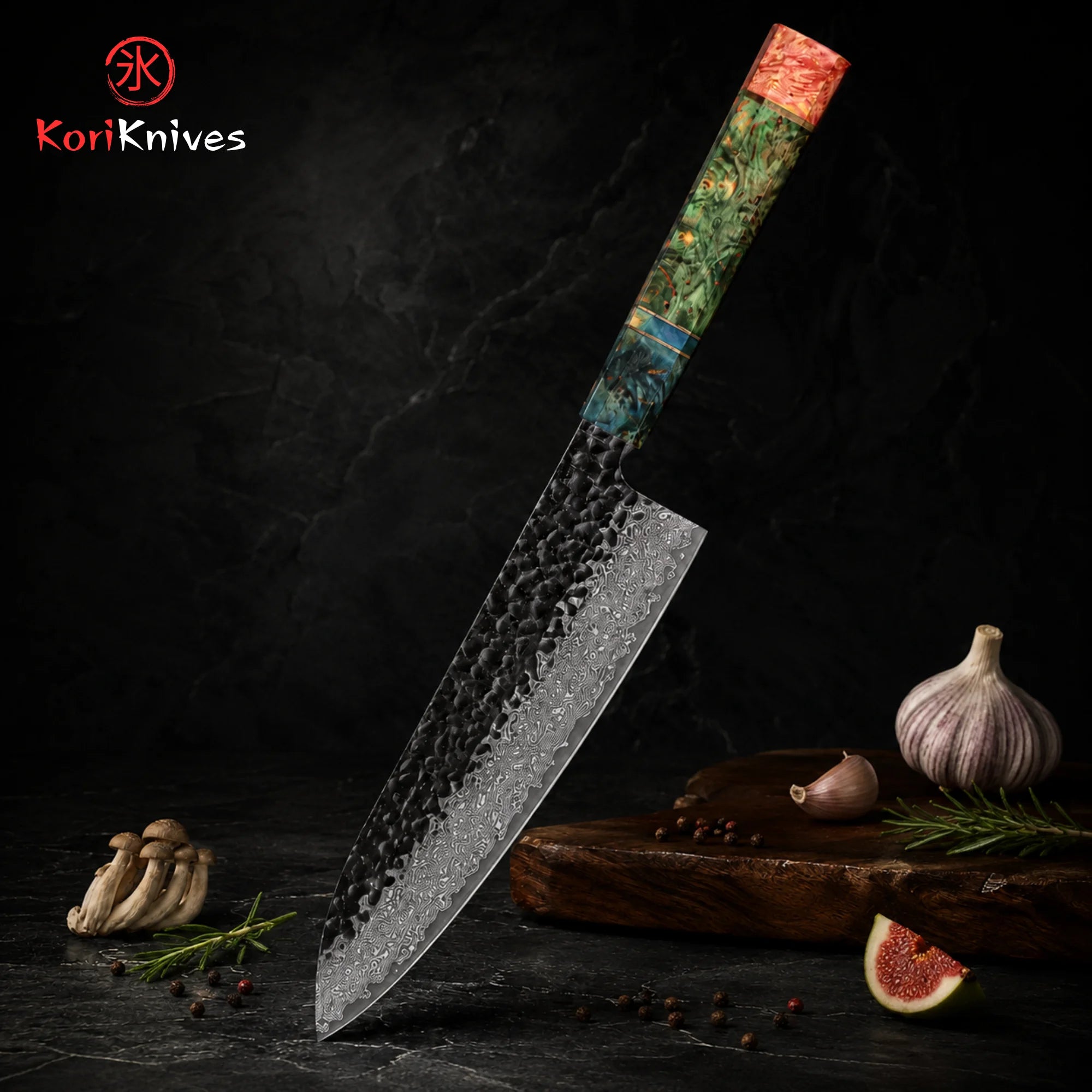 Decorative kori Damascus chef's knife with a colorful handle on a dark background with ingredients.